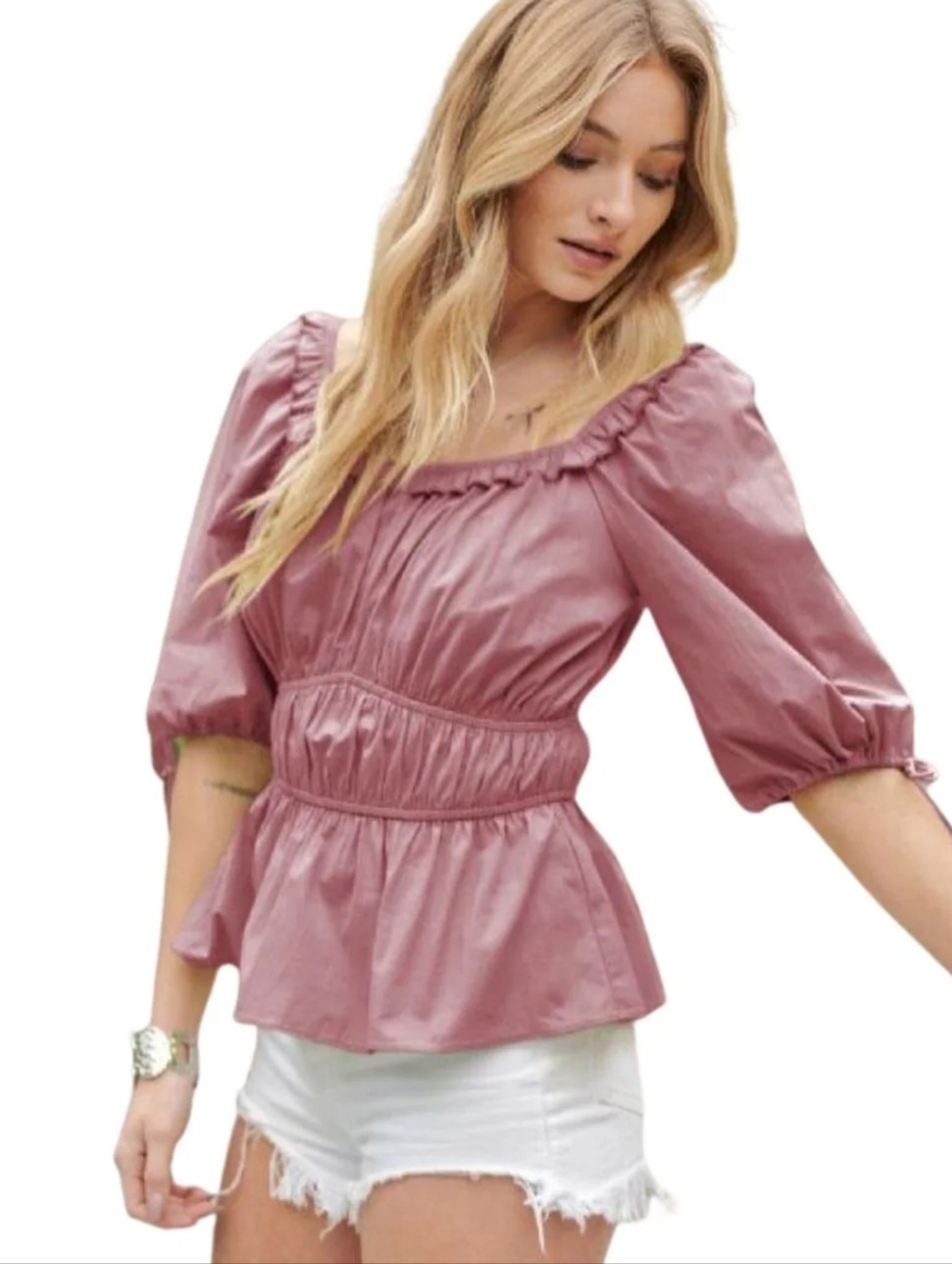 DAVI & DANI Mauve Pink Peasant Ruffle Neck Top Off Shoulder Short Sleeve 3X
